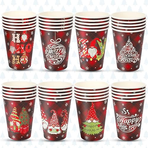 Miniatura 1 de 40 vasos de papel desechables de Navidad de 12 onzas, tazas de café con gnomo a cuadros de búfalo rojo, tazas de café de chocolate caliente, vasos