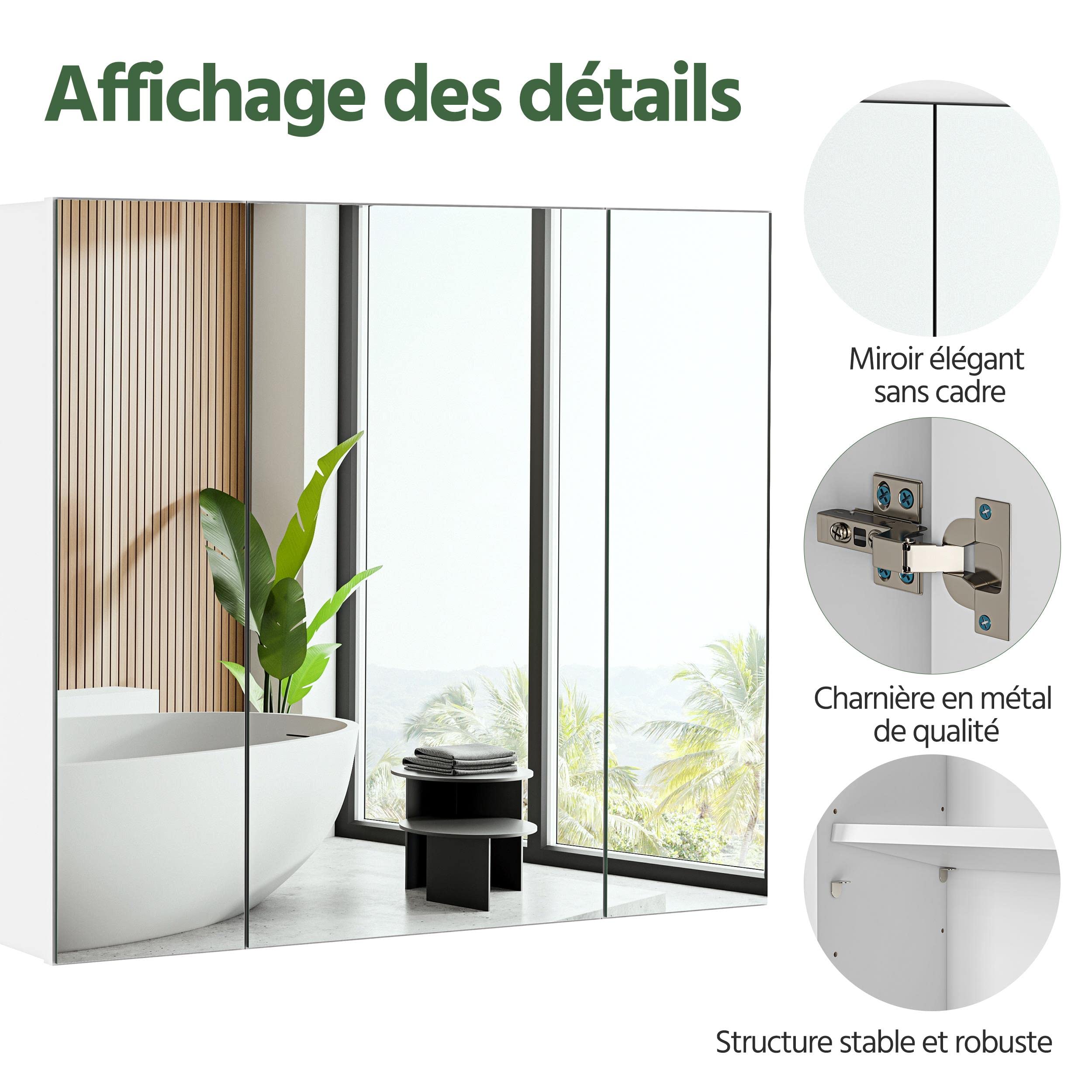 Yaheetech Armoire Murale Salle de Bain, Placard de Rangement Toilettes, avec 3 Portes 3 Miroirs, 2 Niveaux, Étagère Hauteur Réglable 70,5 x 15 x 60,5cm