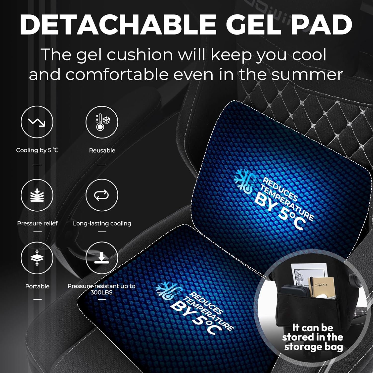 Dowinx Gaming Chair Breathable Fabric with Gel Pad, Ergonomic Game Chair with Pocket Spring Cushion, Comfortable Office Chair with Footrest and Storage Bag for Adults, Black