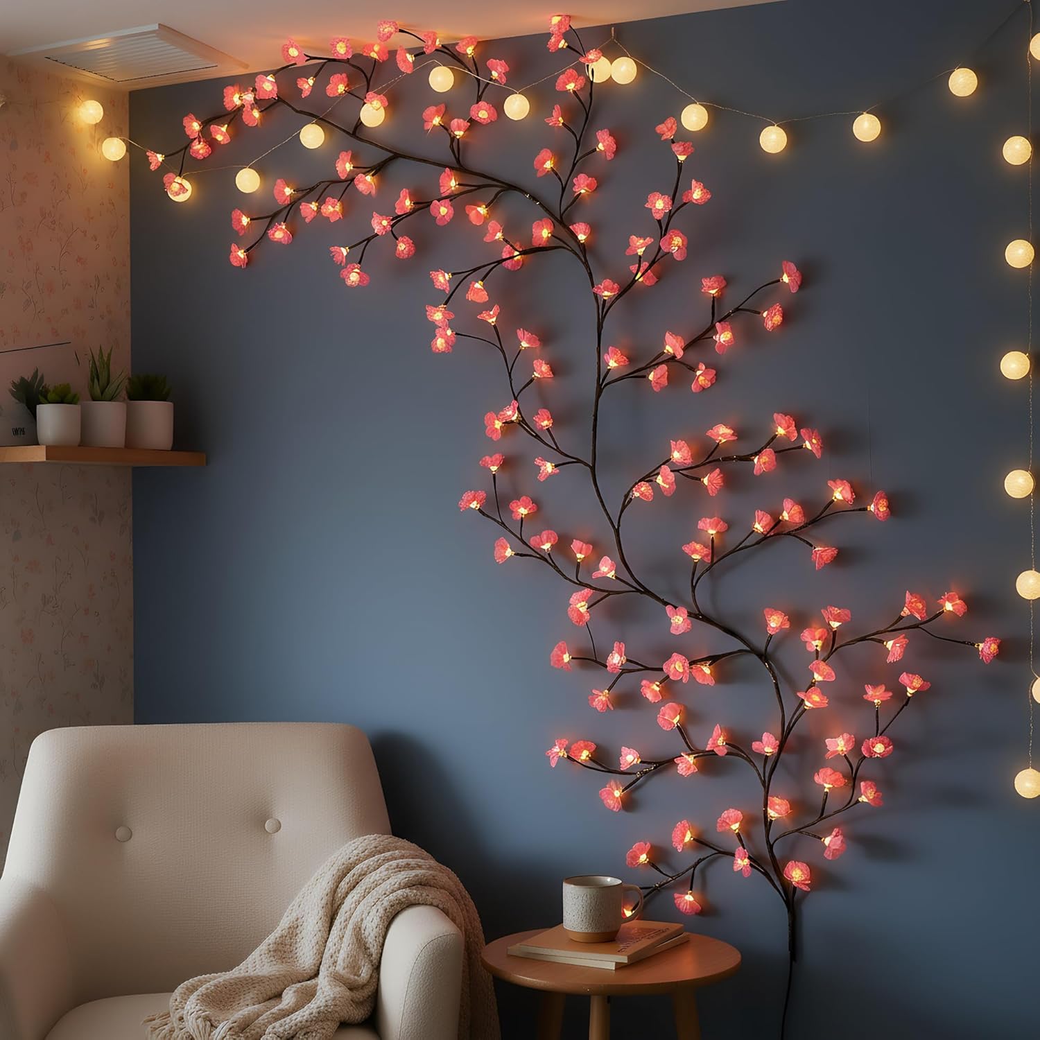 Cherry Blossom LED Lights for Wall Decor, 144 LED 7.55 FT Willow Vine Twig Garland with Remote Control, 8 Lighting Modes, Indoor Outdoor Christmas Home Decoration for Window Door Party Wedding