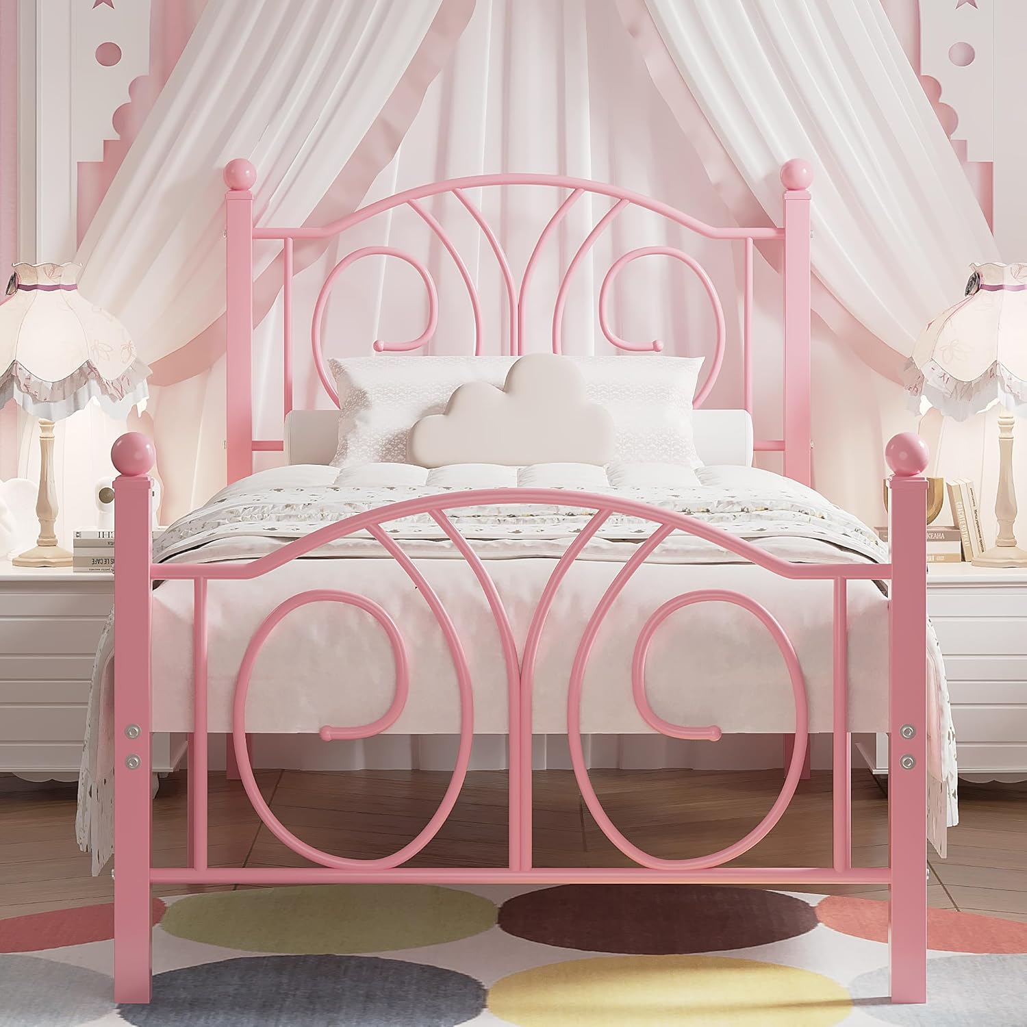 VECELO Twin Size Metal Platform Bed Frame with headboard and Footboard, Heavy Duty Mattress Foundation, Steel Slat Support, No Box Spring Needed, Easy Assembly, Pink