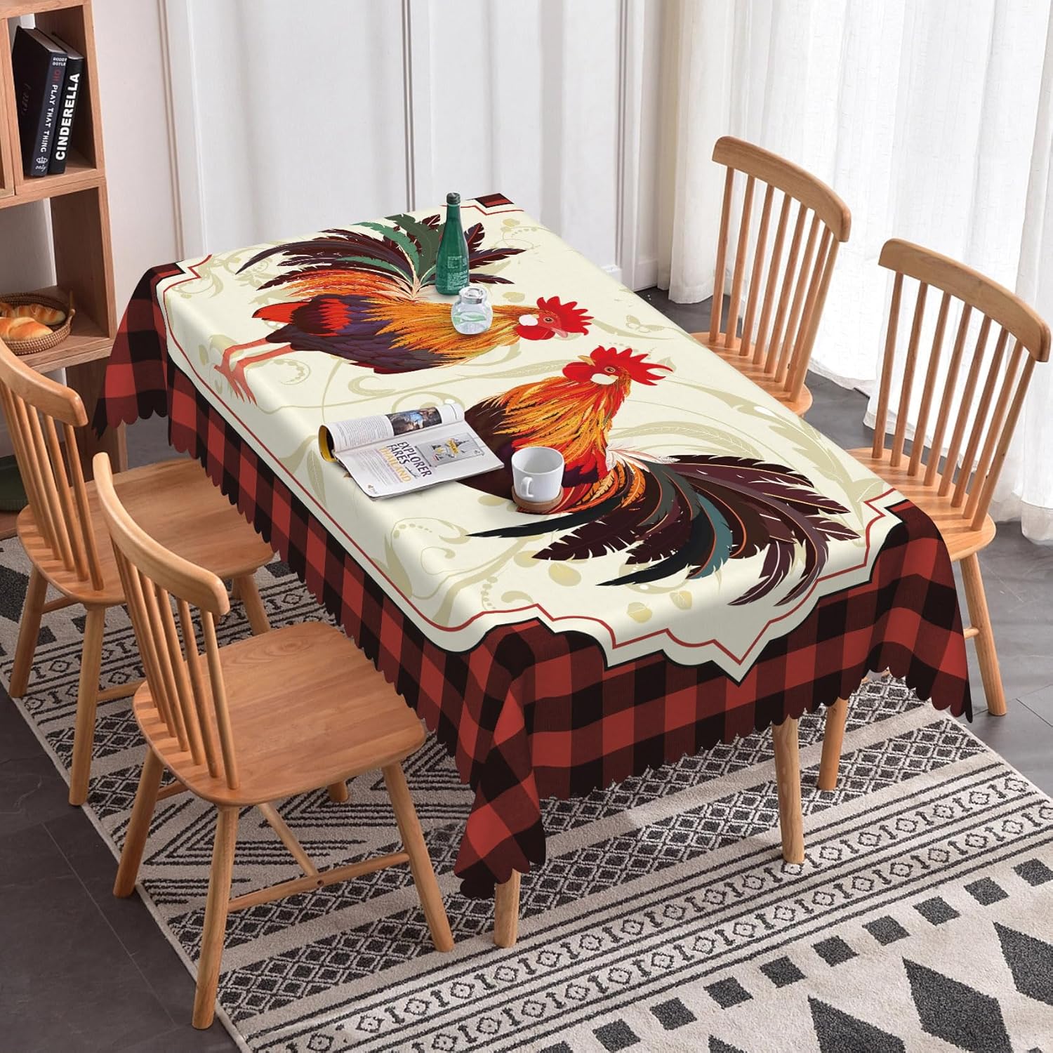 Red Rooster Tablecloth 70x120 Inch Rustic Farm Roosters Red Plaid Fabric Table Cloth Polyester Anti-Wrinkle Reusable Rectangle Table Cover for Cottage Farmhouse Theme Party Dining Room Decor