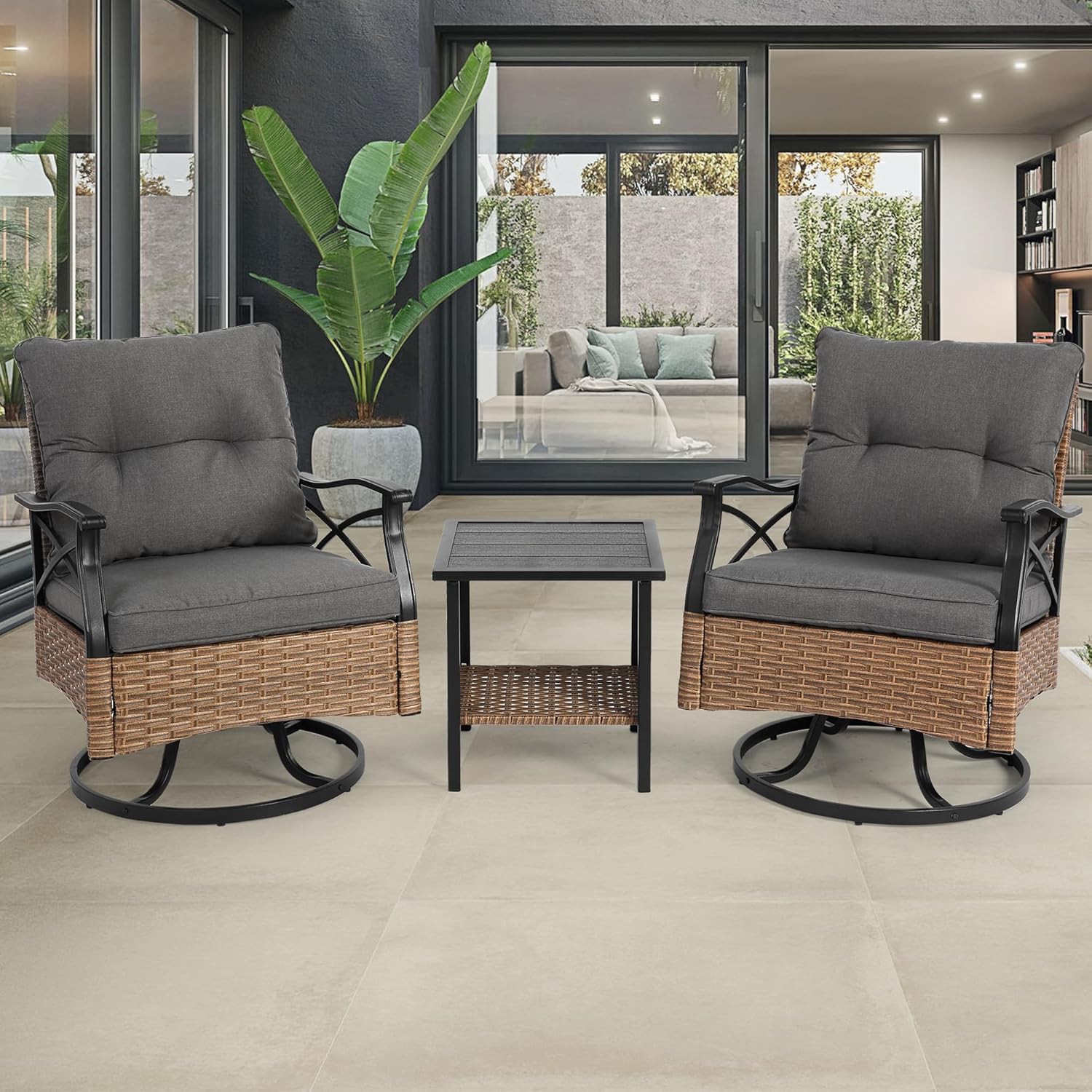 Patio Swivel Rocker Chairs and Table Bistro Set, Outdoor 3 Piece Wicker Conversation Furniture Set, 360° Rattan Rocking Chair with Cushions, for Porch, Garde, Lawn, Outside, Grey