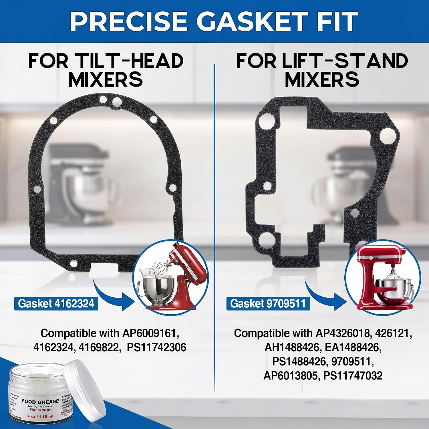 Dreyoo 4 oz Food Grade Grease Kit Compatible with Kitchenaid Mixer, Re-greasing Kit, Compatible with Bowl-Lift or Tilt-Head Mixer(9709511 4162324 Gasket)