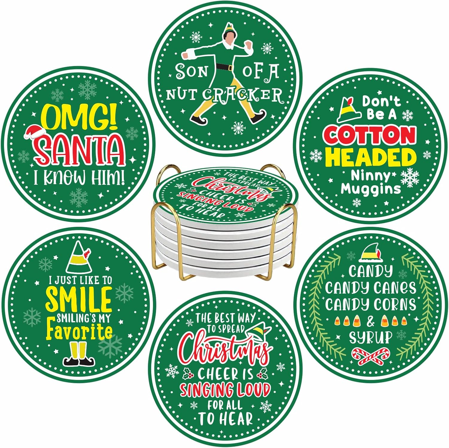 Buddy The Elf Christmas Coasters, 6 Pcs Funny Drink