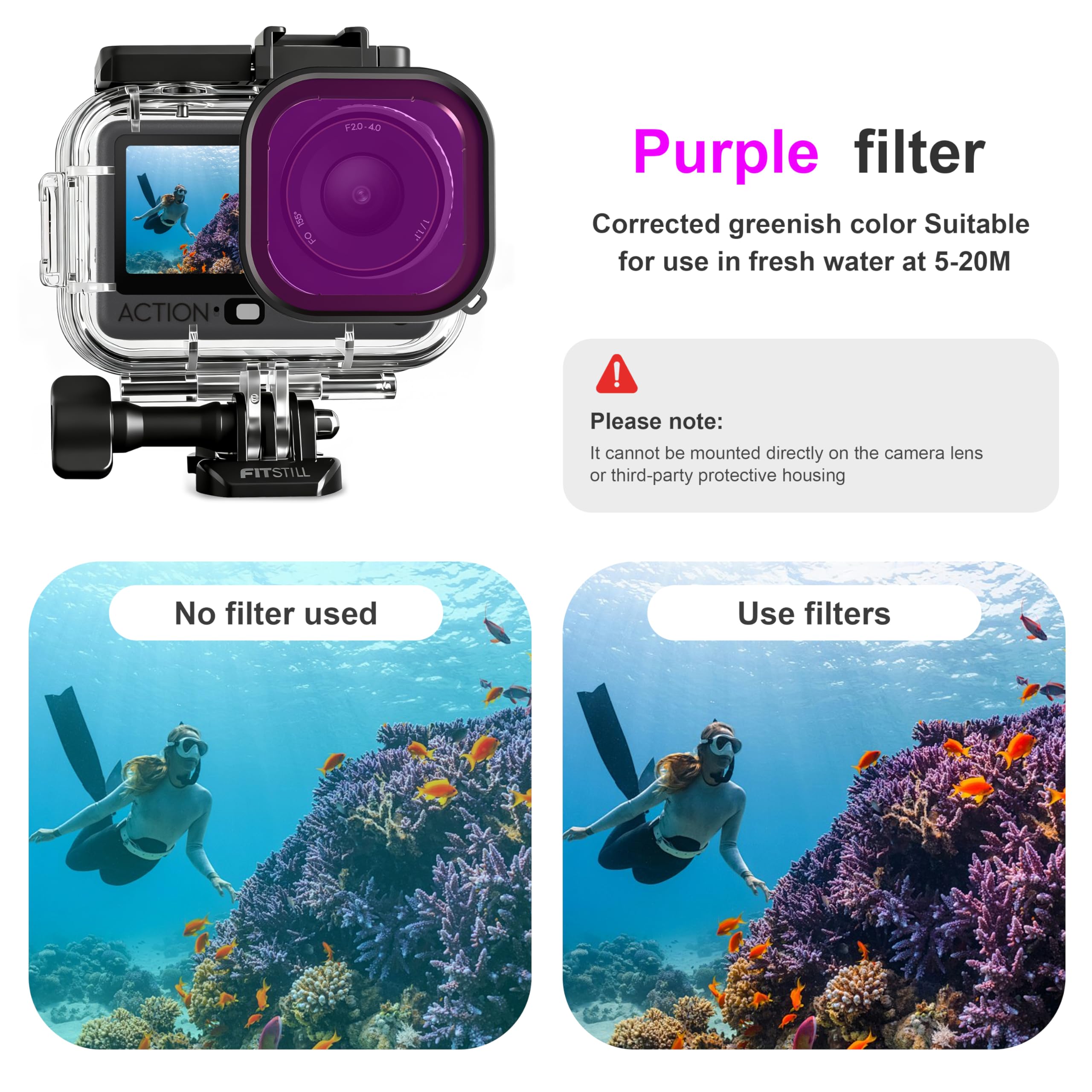 FitStill Uniwersalny zestaw do nurkowania do DJI OSMO ACTION 6, wodoodporna obudowa 196FT/60M i 3 filtry i uchwyt pływający zestaw do nurkowania, surfingu, nurkowania, etui ochronne, akcesoria