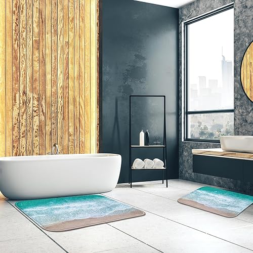Miniatura 5 de Britimes Juego de 2 tapetes de baño, alfombras antideslizantes, color azul, mar, azul, playa, decoración de baño, alfombras de 16 x 24 pulgadas y 20