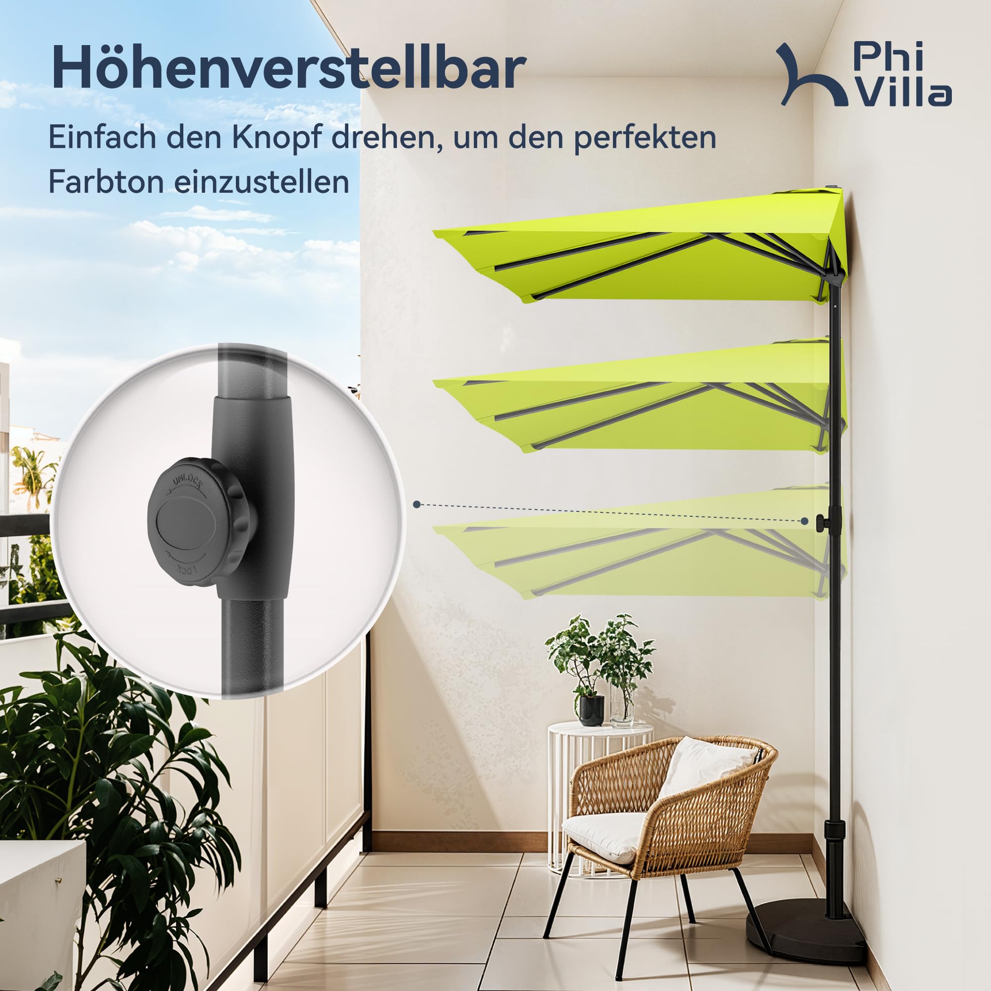 PHI VILLA 250x130cm Halber Sonnenschirm Höhenverstellbar mit Klemme, Balkonschirm Windfest Stabil zum Mitnehmen, UV50+ Schutz für Garten Terrasse Balkon Balkongeländer Tisch