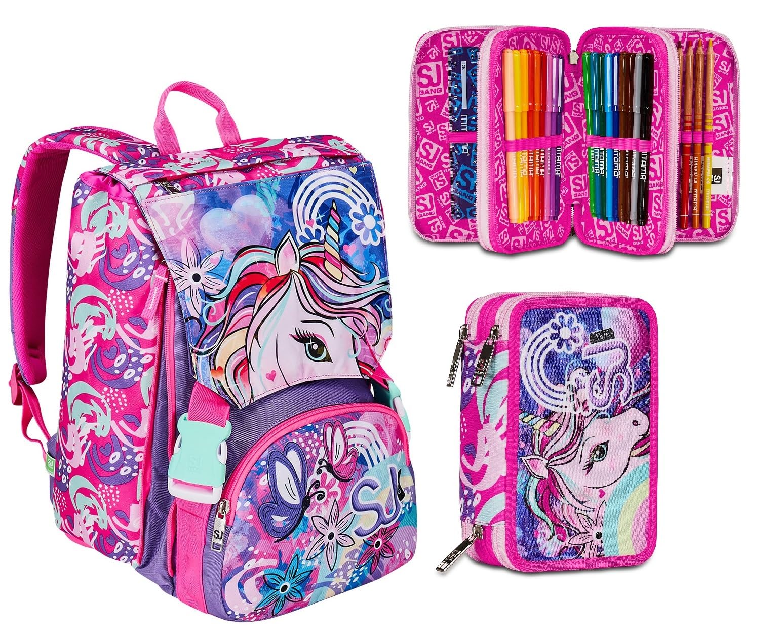Seven Zaino Scuola SJ GANG CUCCIOLI, Rosa PATTINE CALAMITATE CON GRAFICHE DIVERSE Scuola Elementare + Astuccio Triplo Scomparto Rosa Bambina