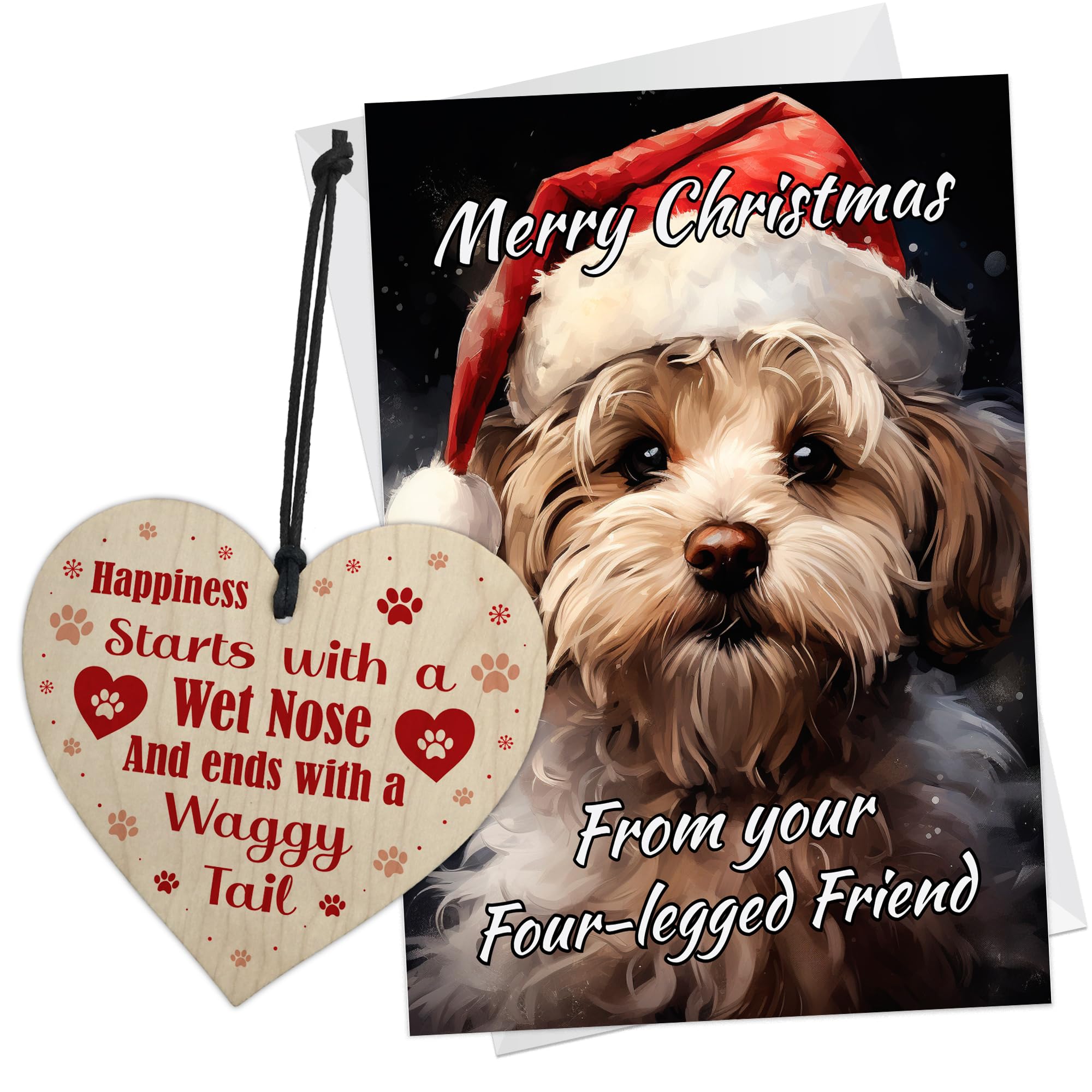 RED OCEAN Cockapoo Christmas Card From The Dog Novelty Cockapoo Card For Christmas Wooden Heart For Mum Dad Daughter Son Friend