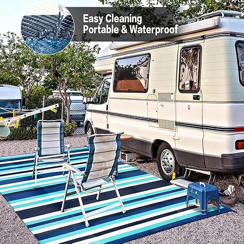 Miniatura 139 de HUGEAR Alfombra impermeable de plástico para exteriores, 5 x 8 pies, lavable, reversible, alfombra a rayas de arco iris, para camping, caravana