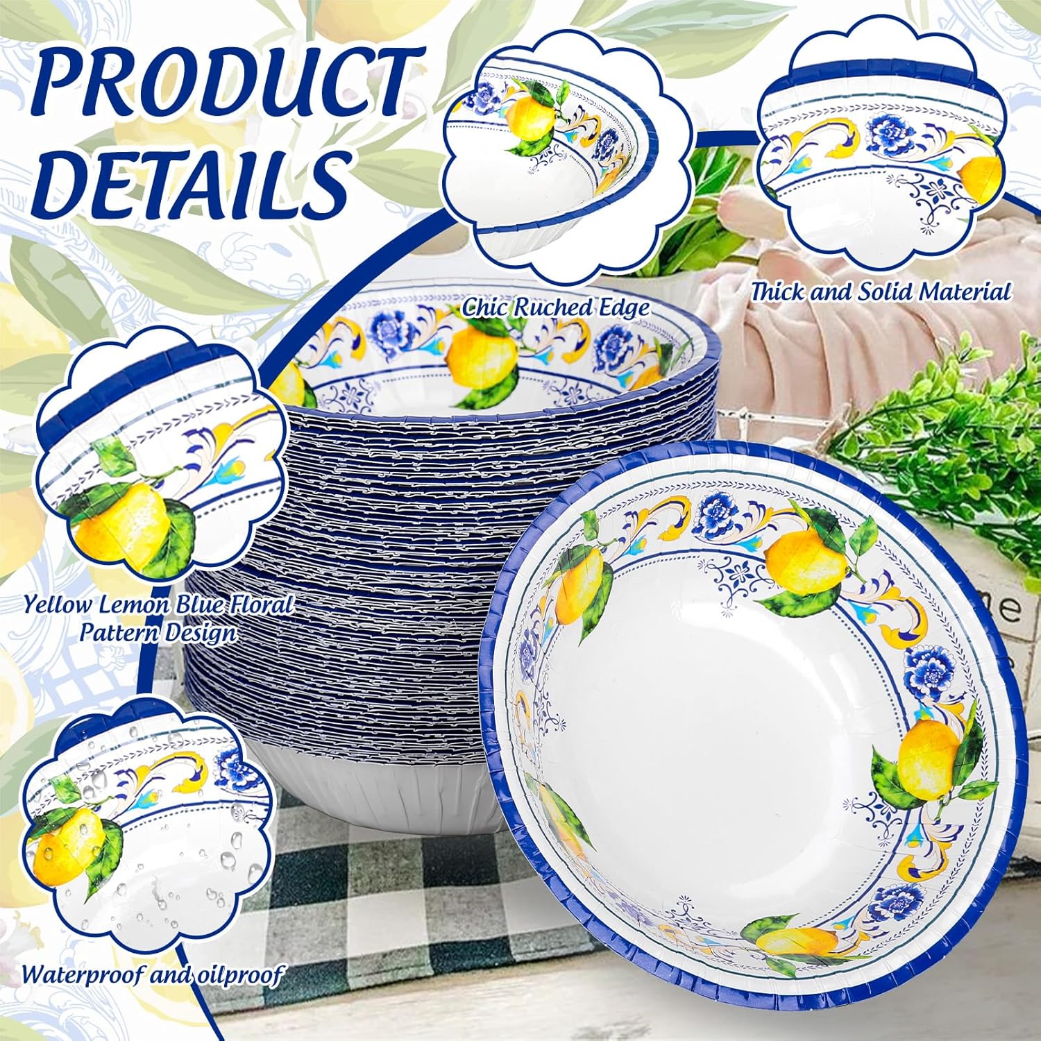 FYSUIMU 100Pcs Capri Lemon Paper Bowls Blue Floral Yellow Lemon Disposable Serving Plates Round Ice Cream Bowl for Summer Birthday Home Party Dining Table Supplies