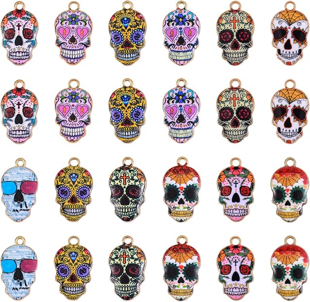 COGCHARGER 24 Pcs 12 Colors Flower Skull Charms Skull Alloy Enamel Charms Pendants Halloween Enamel Pendants for Jewelry Necklace Earring Key Chain Making