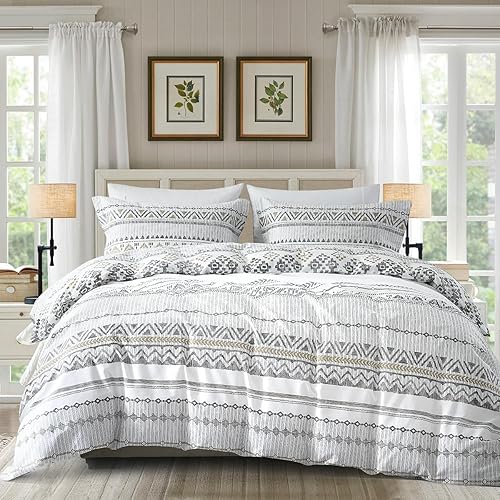 Miniatura 7 de Bedduvit Juego de funda de edredón de algodón, tamaño King, damasco King, estampado de cachemira, transpirable, minimalista, con patrón de damasco,