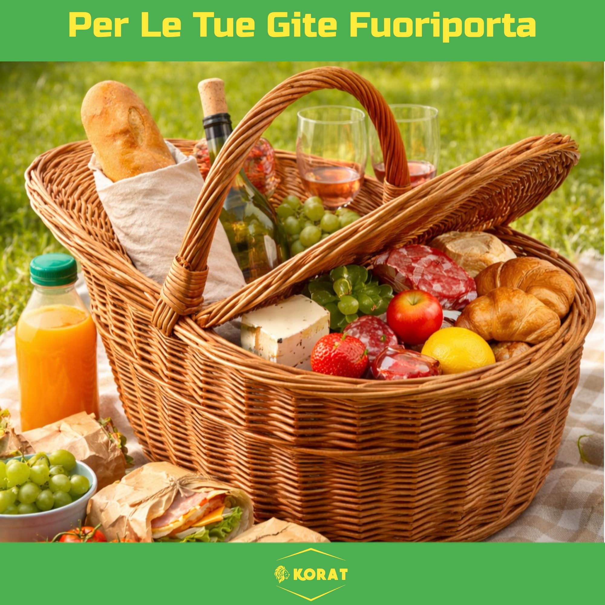 KORAT - Cestino Picnic in Vimini con Coperchio Doppio Apribile, Cesto Porta Funghi e Picnic, Manico Robusto, Vimini Naturale, 40x32x37 cm