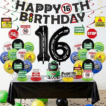 16th Birthday Decorations for Boys Car Road Caution Happy 16th Birthday Banner Hanging Swirls Honeycomb Centerpiece Sweet 16 Balloon for Driver License Sixteen Year Old Bday Party Supplies