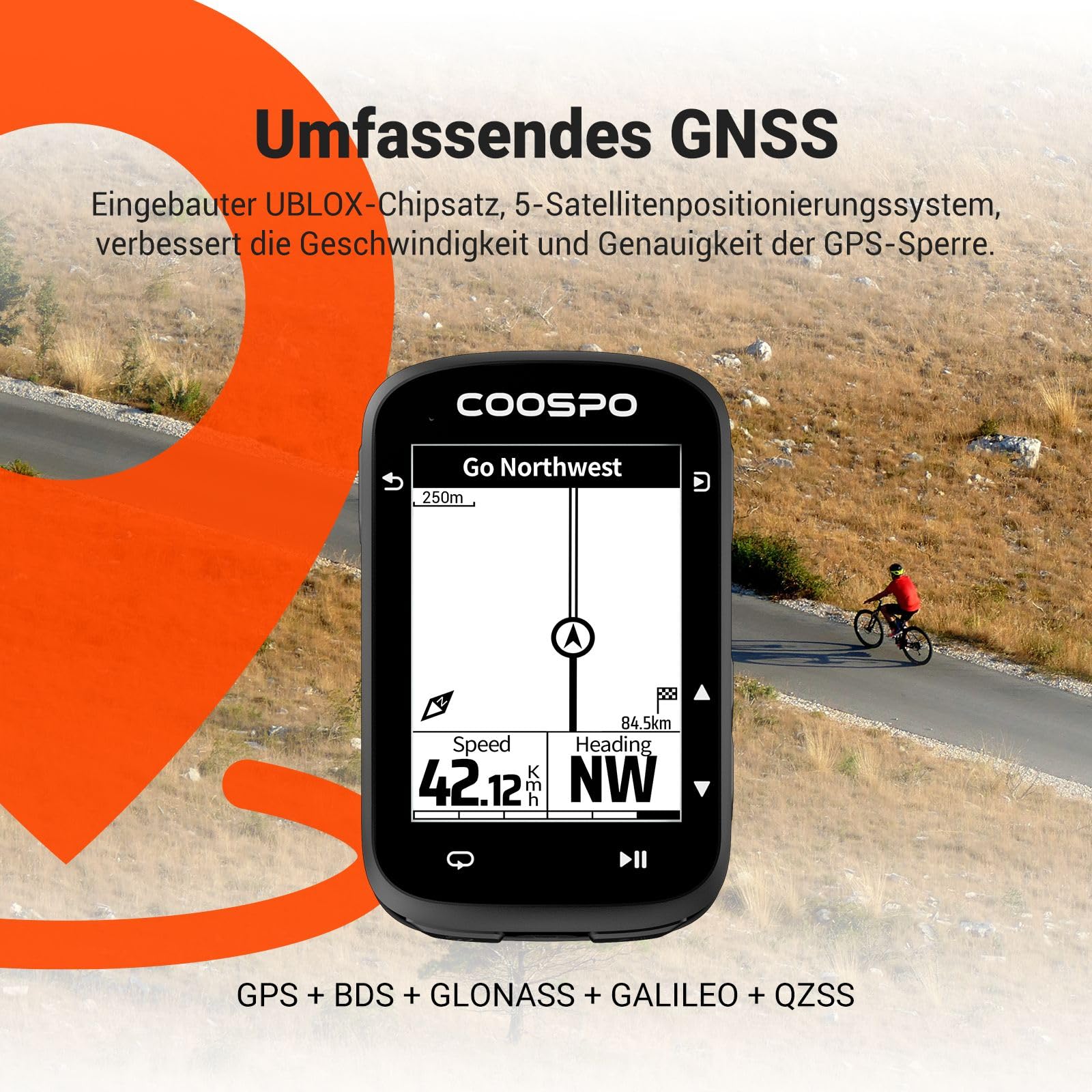 COOPSO CS500 Wireless Bicycle Computer, 2.6 Inch LCD GPS Speedometer Bicycle Navigation Wireless, Bluetooth/ANT+ Ahrrad Computers, Waterproof IPX7, Support Bike Radar & 45H Battery Life