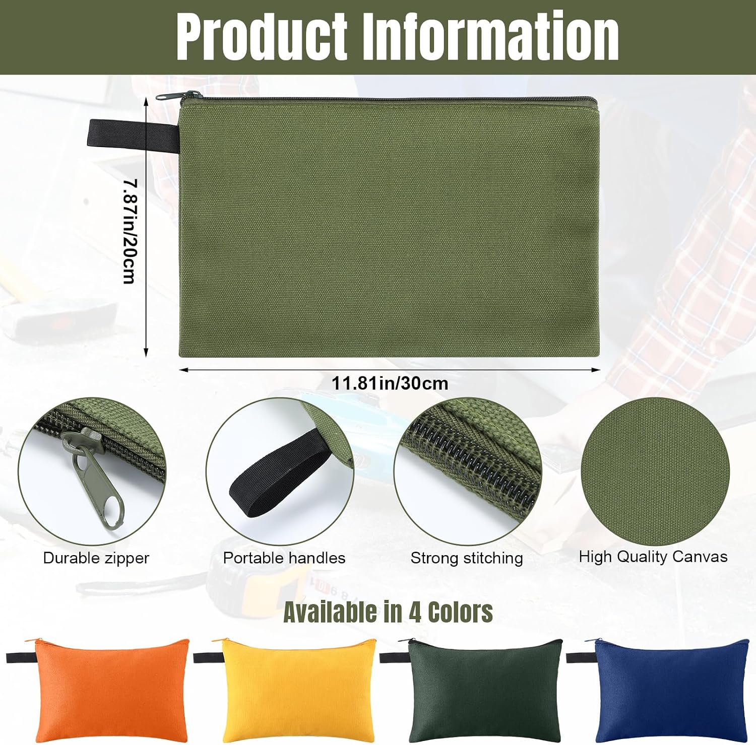 Eccliy 12 Pcs Canvas Tool Bag Pouch Zipper 16 oz Heavy Duty Utility Pouch Bag Multipurpose Storage Organizer 11.8" x 7.9" for Tools, Stationary, Craft, Electronics, Home & Workshop(4 Color)