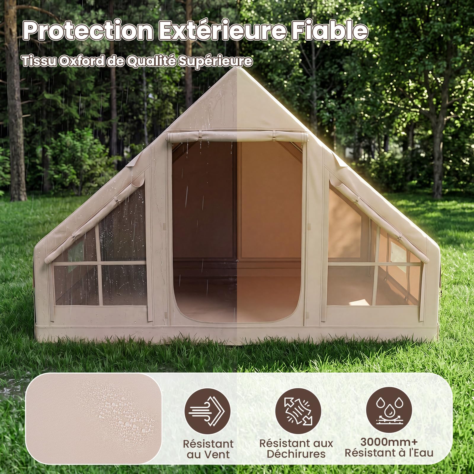 COSTWAY Tente de Camping Gonflable, Grande Tente Portable 4 Personnes avec Pompe à Air Ouverture de Cheminée Port Climatiseur, pour Voyage Camping, 295 x 205 x 200 cm, Kaki