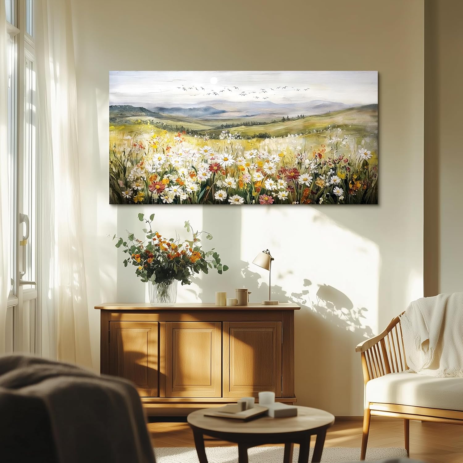 serimino nature landscape wall art, mountain daisy extra large artwork, wildflower meadow rustic home decor art prints, french country aesthetic paintings wall decor living room dining room 29x57 inch 57"l x 29"w hillside wildflowers