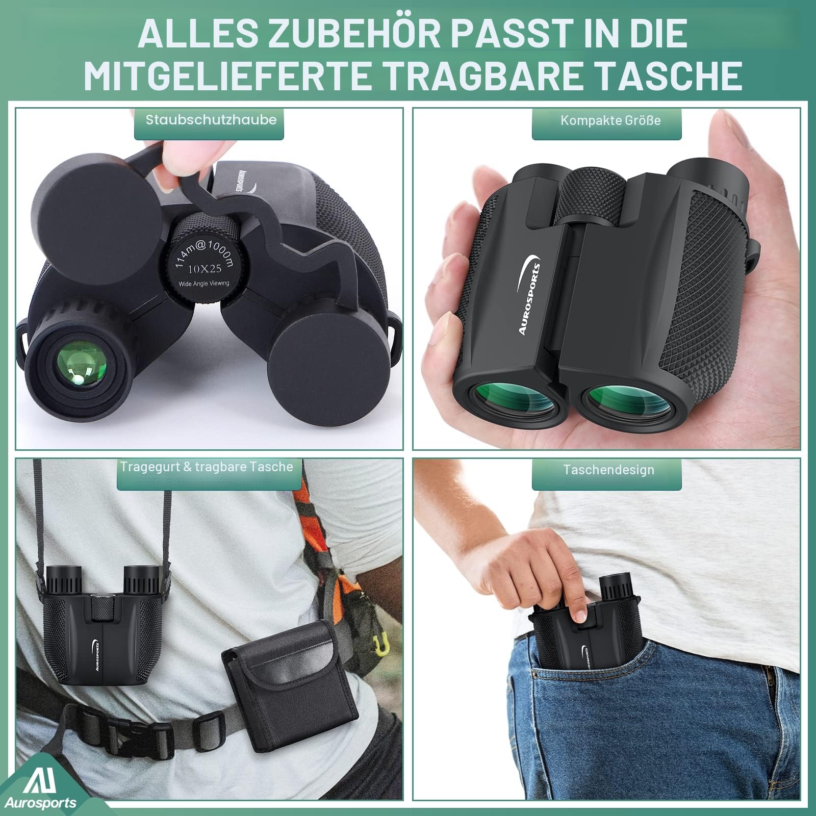 Aurosports Fernglas 10x25 Kompakt Ferngläser Kinder Erwachsene - Fernglas Klein Nachtsicht Schwachem Licht Klare Faltbares - Ideal für Outdoor Sportspiele Vogelbeobachtung Reisen Jagd Konzerte