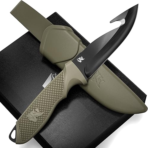 Vista 13 de ODENWOLF HUNTER 2 - Cuchillo táctico para desollar ciervos con gancho intestinal, hoja fija y funda, cuchillo de supervivencia y aderezo de campo