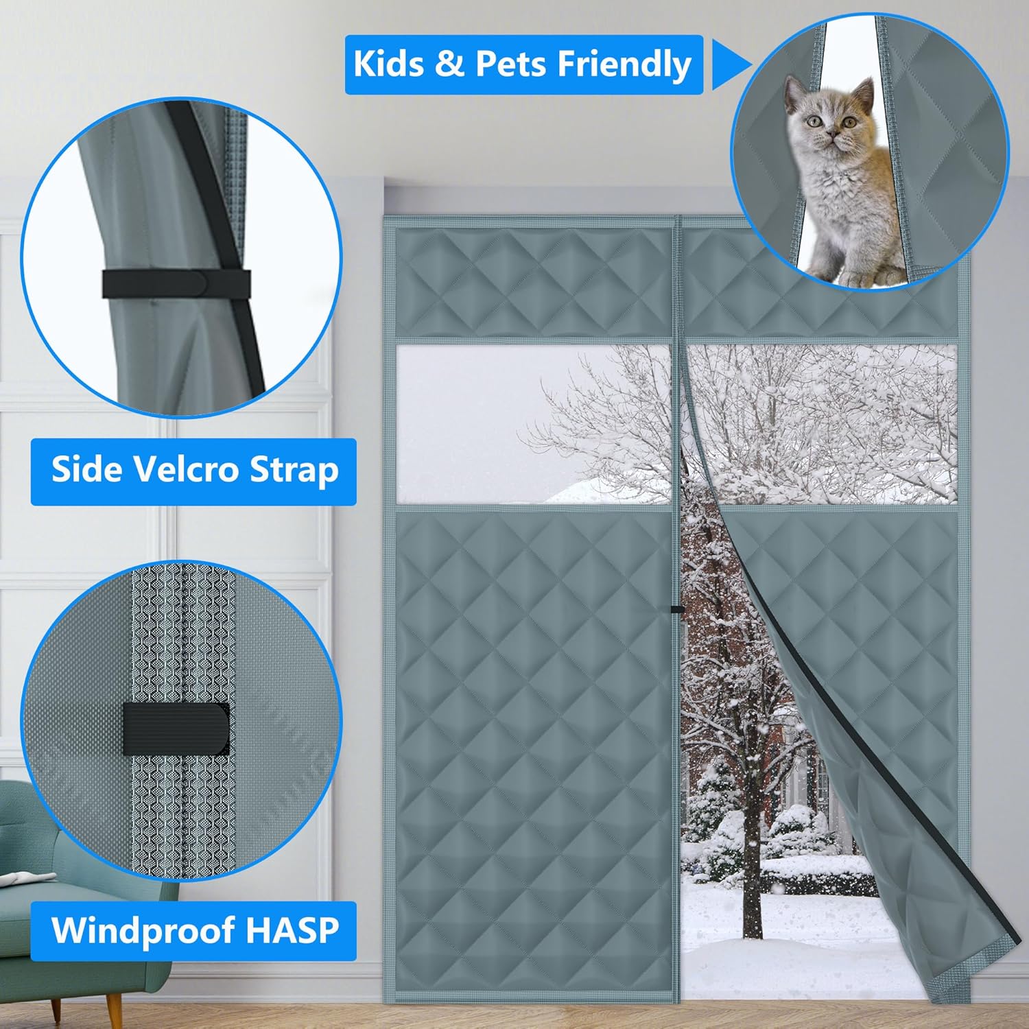 RELIANCER Magnetic Thermal Insulated Door Curtain,Waterproof Oxford Cloth Door Cover w/Clear Window,Fits 48"x96" Doors,Draft Blocker Doorway Blanket,Cotton Fiberfill Doors Curtain for Heat Insulation
