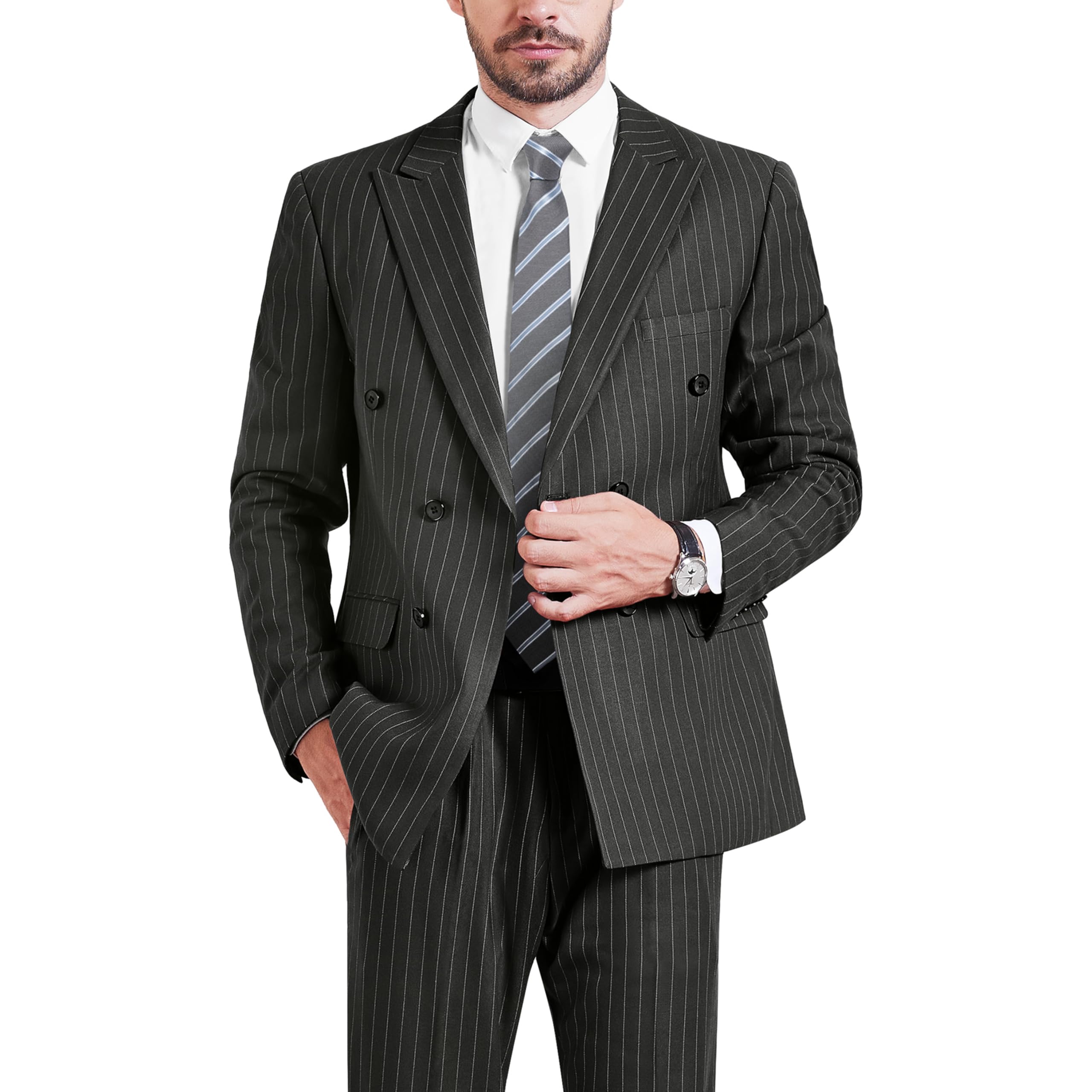 YND Men's 2 Piece Double-Breasted Suit, Slim Fit Stripe Tuxedo Set with Tie, Party Wedding Dress Blazer, Tux and Trousers
