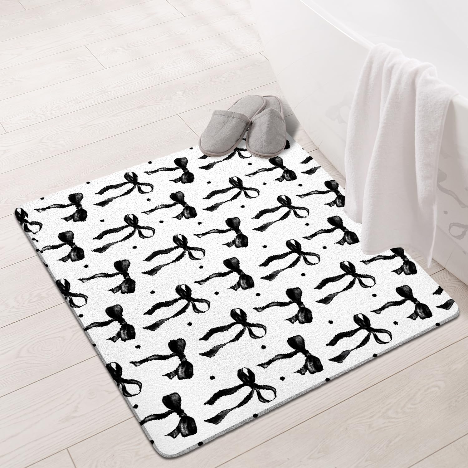 Cute Cartoon Black Bowknot Theme Bathroom Rugs Bath Mat Shower Non Slip Absorbent Washable Bath Mat for Kitchen/Front Door/Living Home 24x24in