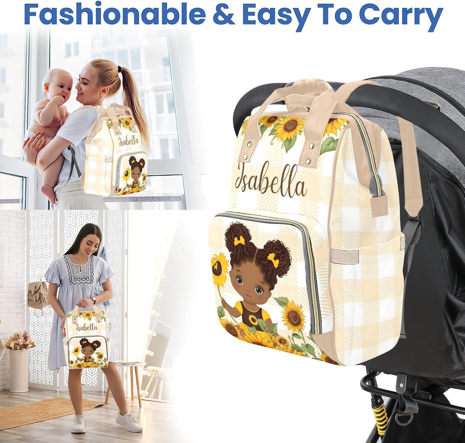 HUTARIO Custom Diaper Bag for Girl Sunflowers Decor Mommy Backpack with Personalized Name Bag
