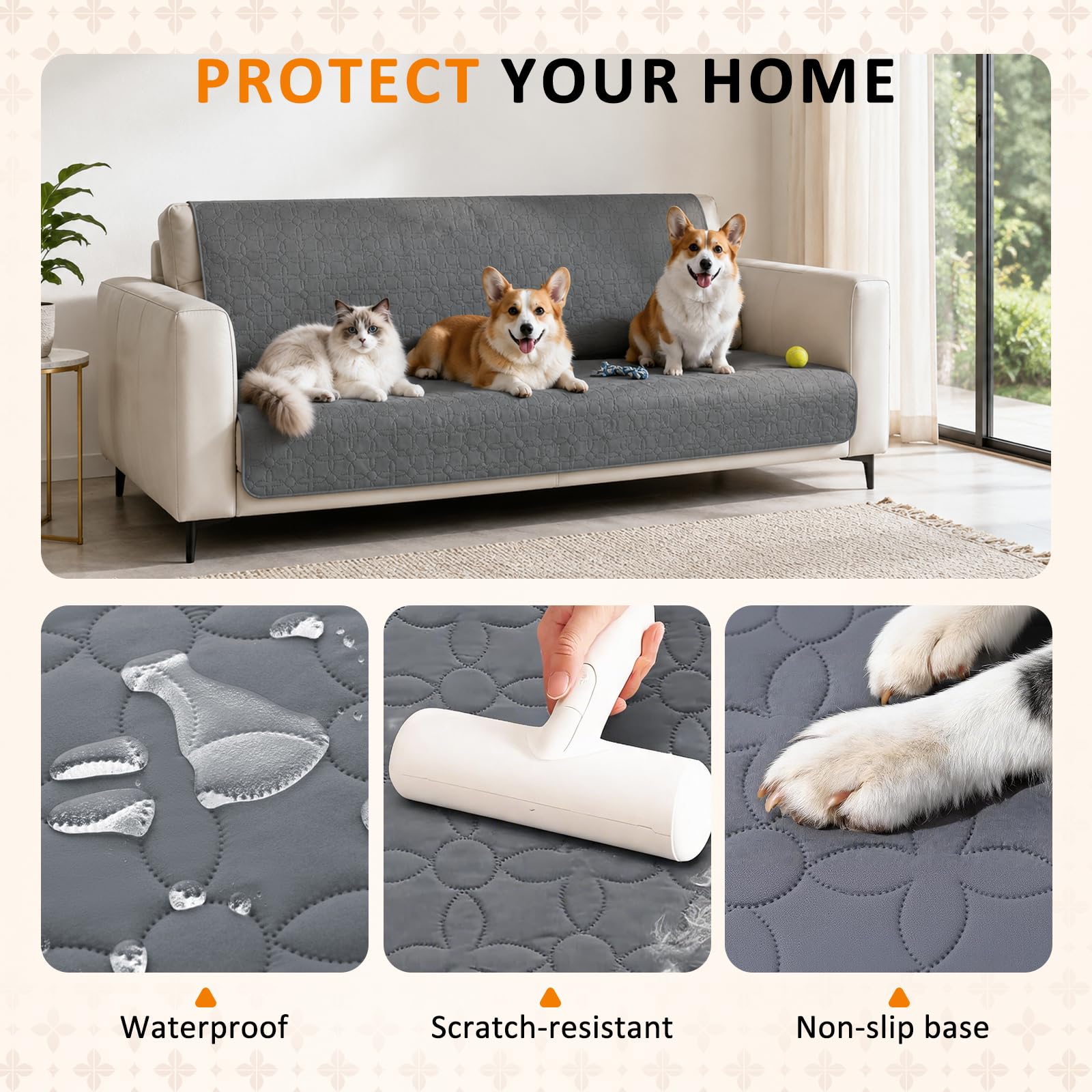 Manta impermeable para perros, 208 × 208 cm, manta para perros para sofás y camas, lavable a máquina, impermeable y antideslizante, suave, duradera y cálida, color gris