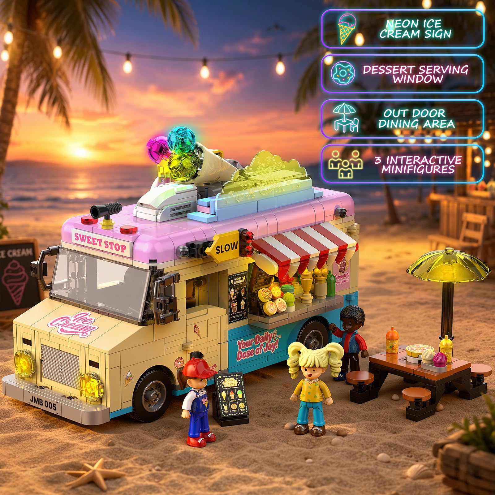 JMBricklayer City Eiswagen Klemmbausteine mit Licht, Truck Fahrzeug Bauset Modellauto mit 3 Mini-Figuren, Rollenspiel Essen Imbisswagen Sammel Spielzeug Geschenk für Mädchen Erwachsene ab 14 Jahren