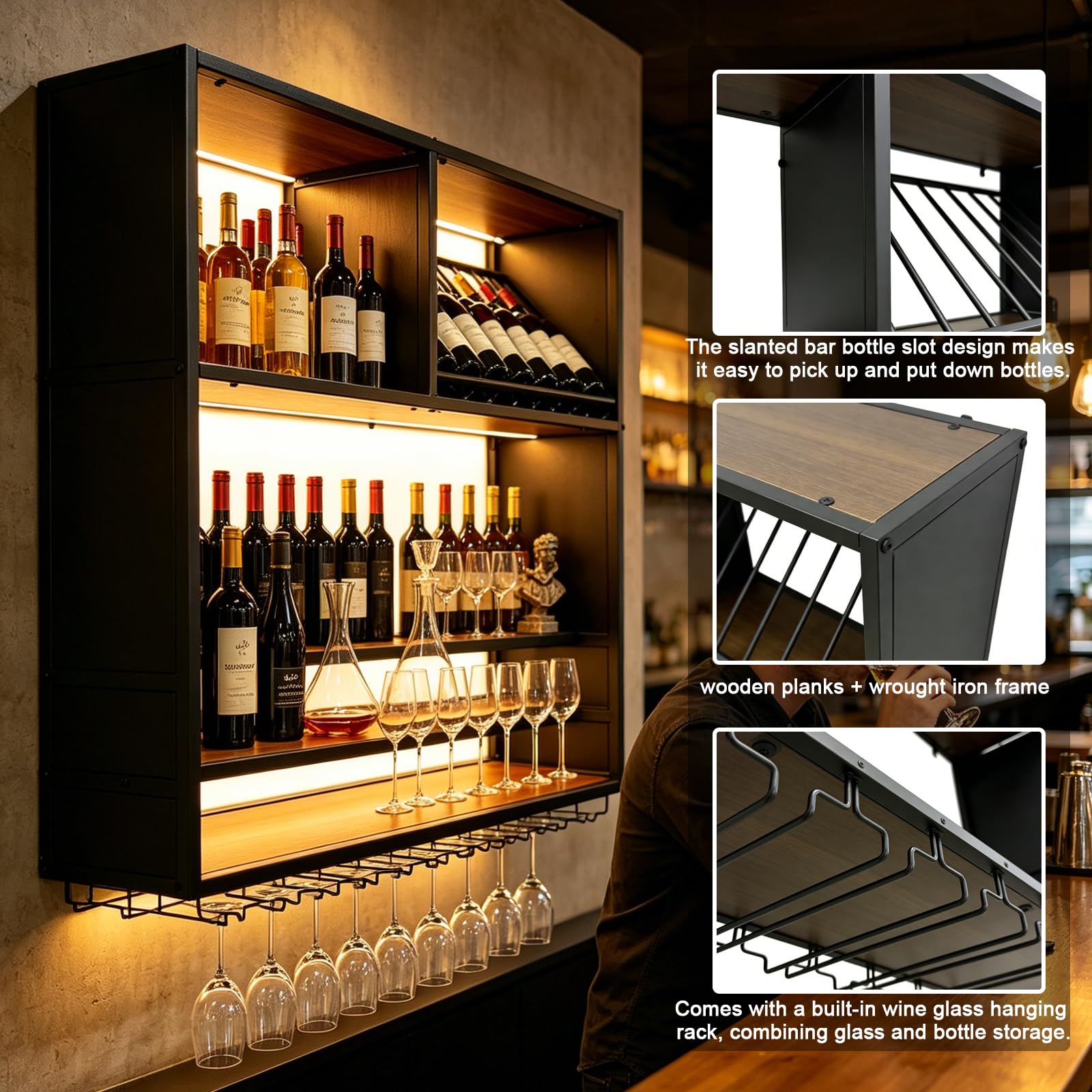 Portabottiglie da Vino a Parete con LED, Industriale 4 Livelli Scaffale Vino in Metallo e Legno con Portabicchieri, Grande Espositore Multifunzione Scaffale Portavino per Bar Ristorante (black, 100cm)