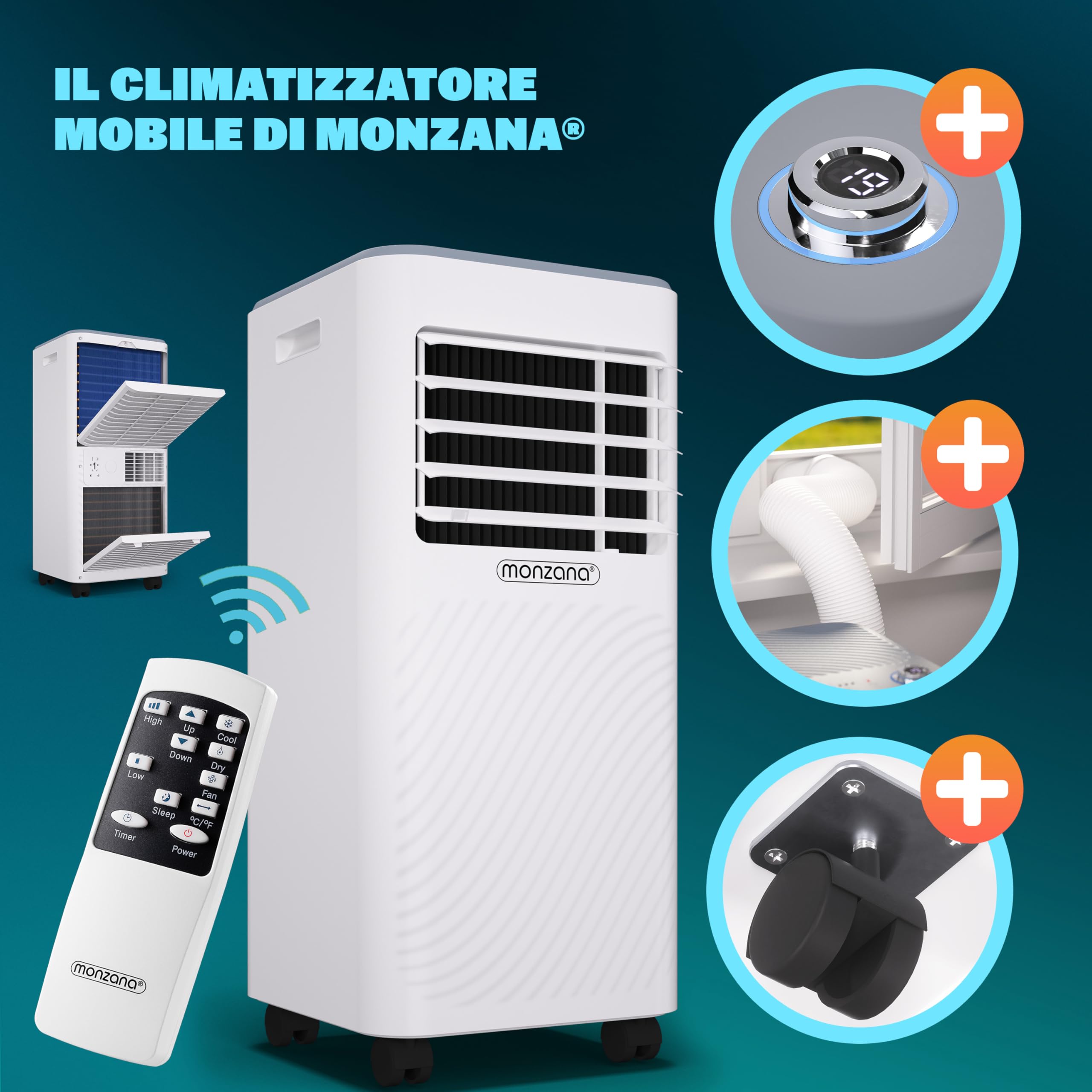 MONZANA® Condizionatore d'Aria Mobile 7000BTU 3in1 750W Timer Telecomando Deumidificatore Climatizzatore Raffreddatore