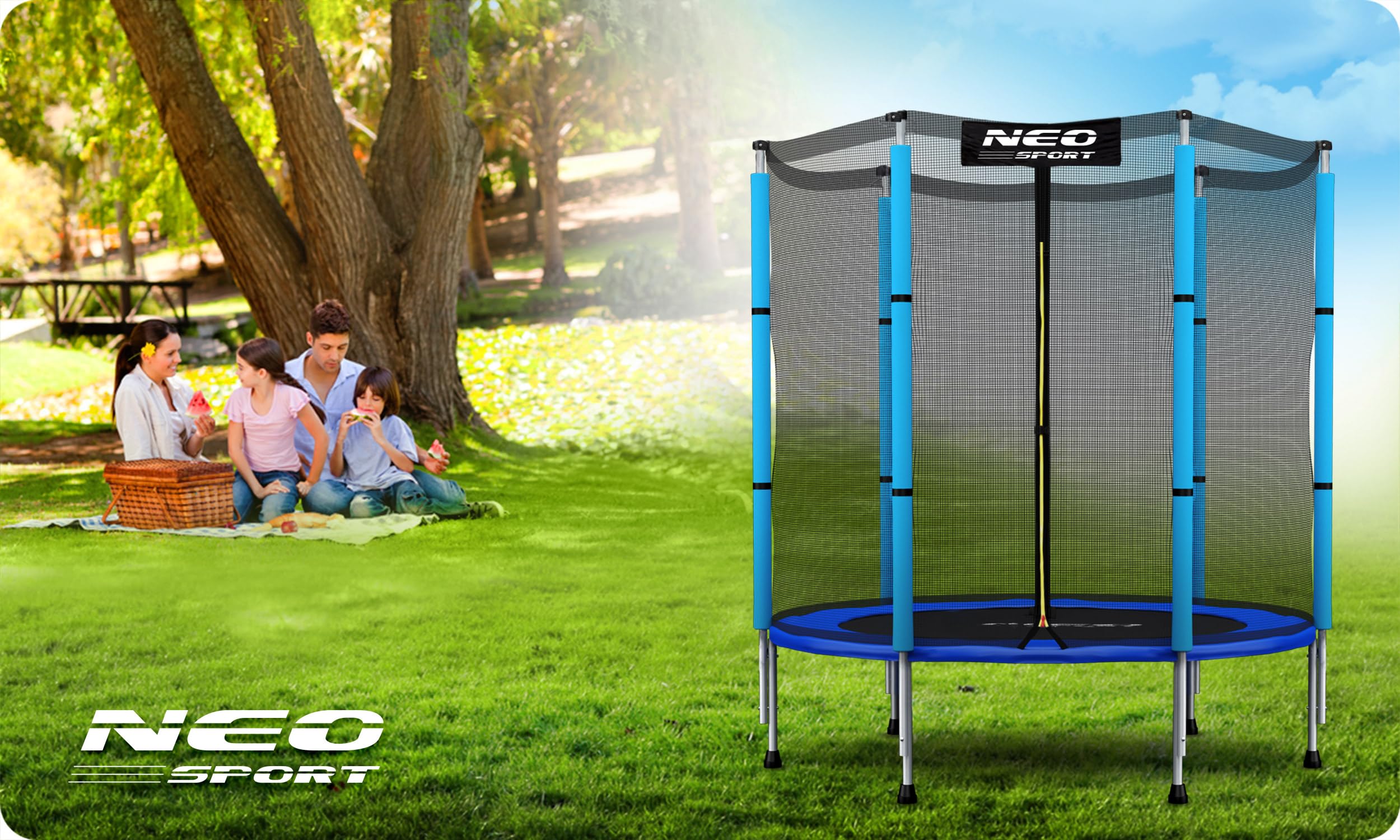 Neo-Sport Trampolin Outdoor Kinder Kleine Gartentrampolin Sicherheitsnetz Außen Leiter Gepolsterte Stangen Wetterfest Rostfrei Blau Schwarz