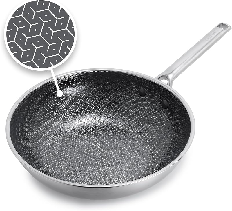 GreenPan Wok híbrido de acero inoxidable con revestimiento antiadherente, 28 cm, sartén de cerámica APEX de tres capas Thermobond sin PFAS, apto para inducción, apto para horno hasta 220 °C, apto para lavavajillas, plateado