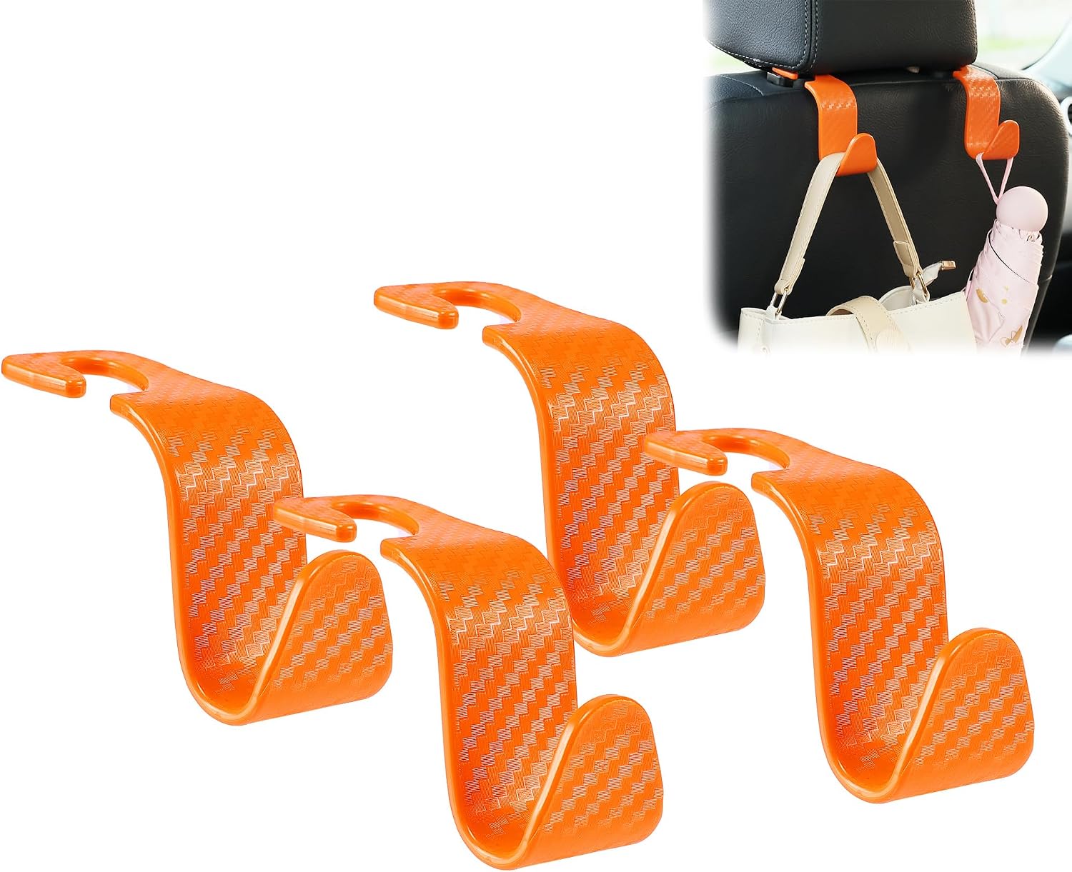 Car Seat Headrest Hook 4 Pack 360° Rotating Hanger Universal Vehicle Car Storage Organizer for Handbag Purse Coat S Type Checkered Design (Orange Checkered)
