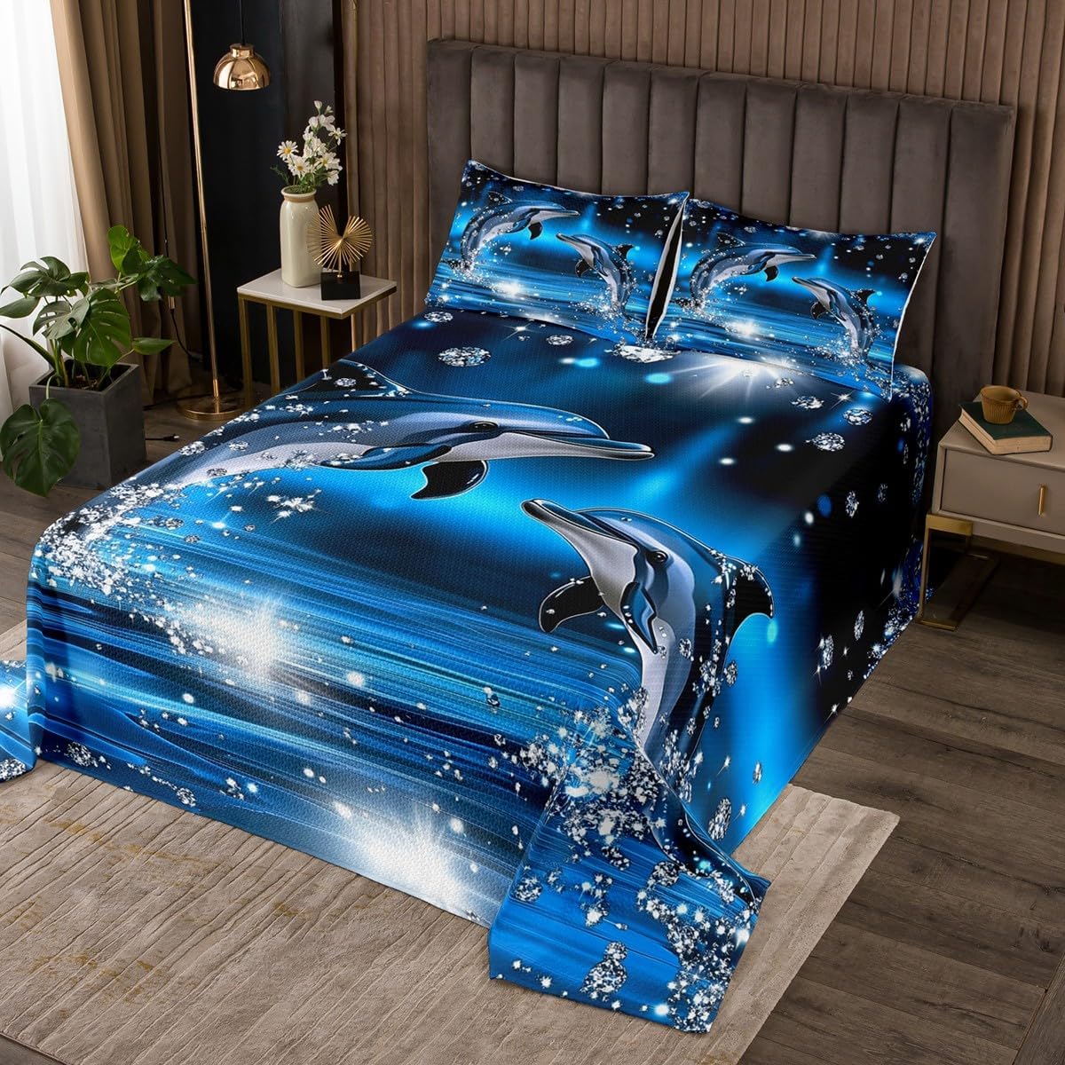 jejeloiu Dolphin Bedspread Quilts Ocean Coverlet Set King Size for Kids Boys Girls Cute Ocean Animal Quilted Coverlet for All Season with 2 Pillowcases Jumping Dolphins Microfiber