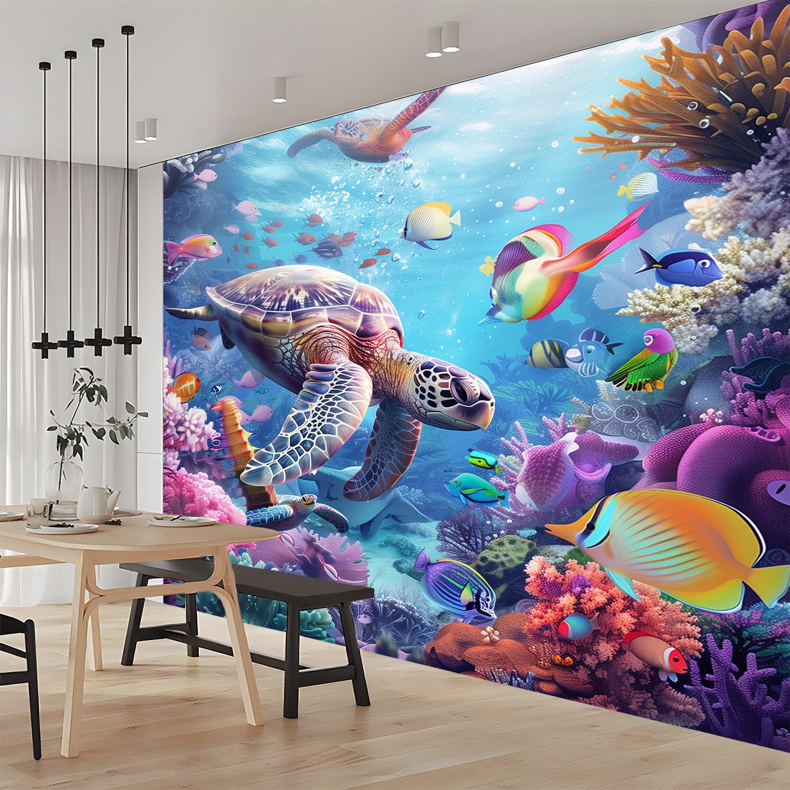 Papier peint 3D animal marin pour agrandir un salon et chambre