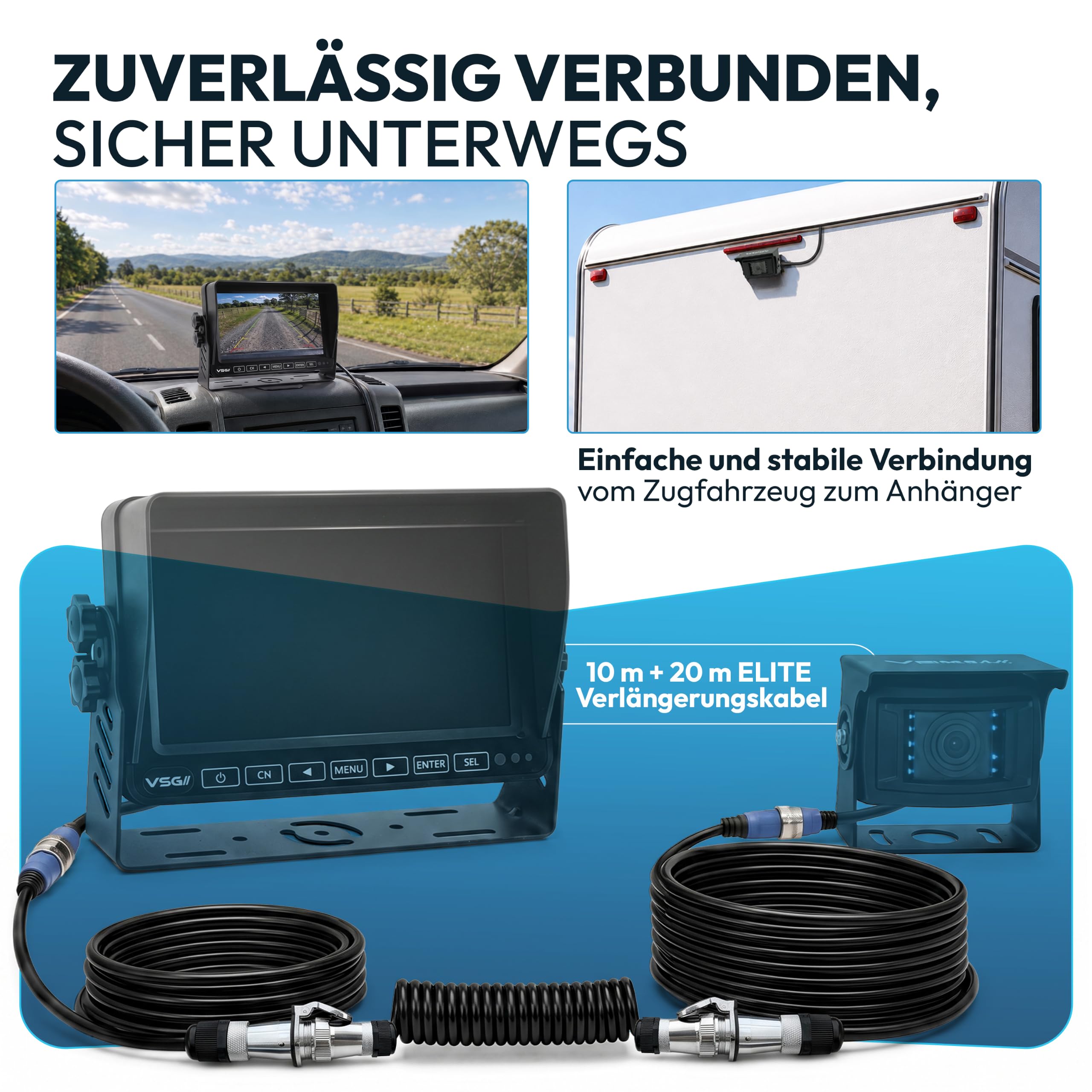 VSG24 29102 – Set Extensión de Cables, Sistemas de Reversa, para Remolque, Vehículos de Arrastre, Cable para Cámara de 4 PIN, IP67, 12 y 24 V - 10/20 m