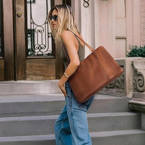 Miniatura 2 de befen Bolsa de cuero genuino para computadora portátil para mujer, bolsas de computadora de 15.6 pulgadas, bolsas de trabajo, bolso de hombro Marrón