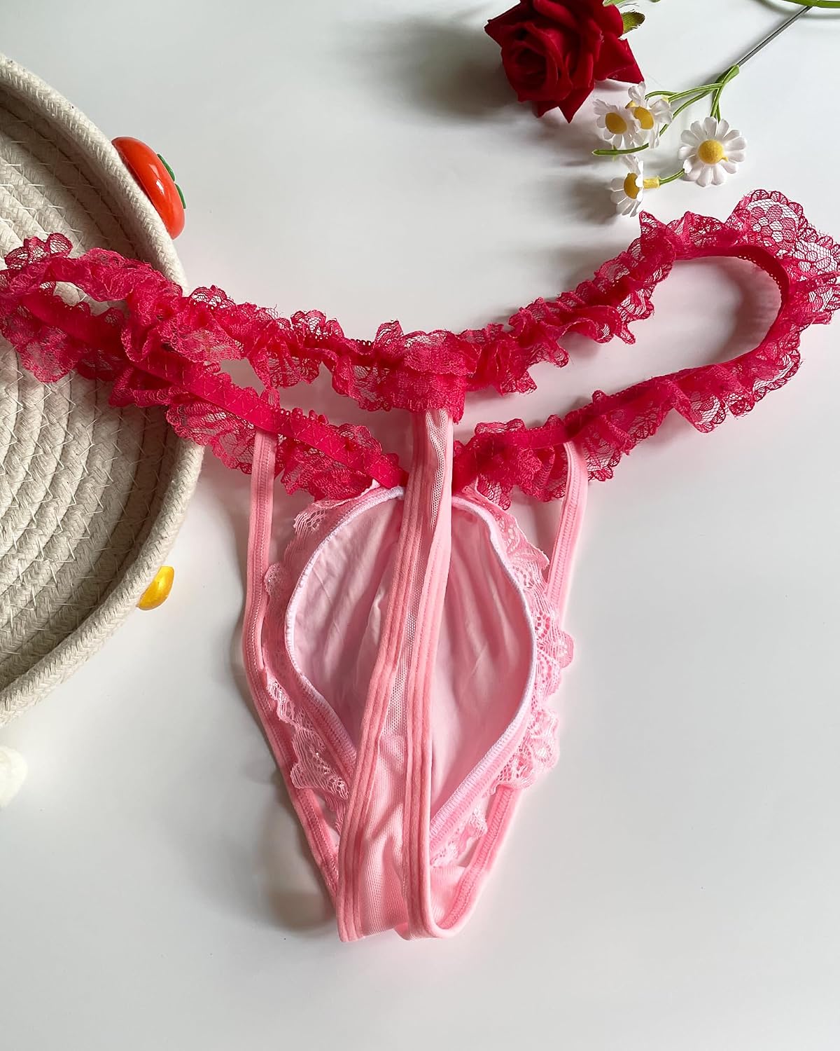 Mens Sexy Lace Frilly Thong Underwear, Bulge Pouch Panties T-back Sissy Lingerie For Men Crossdressers