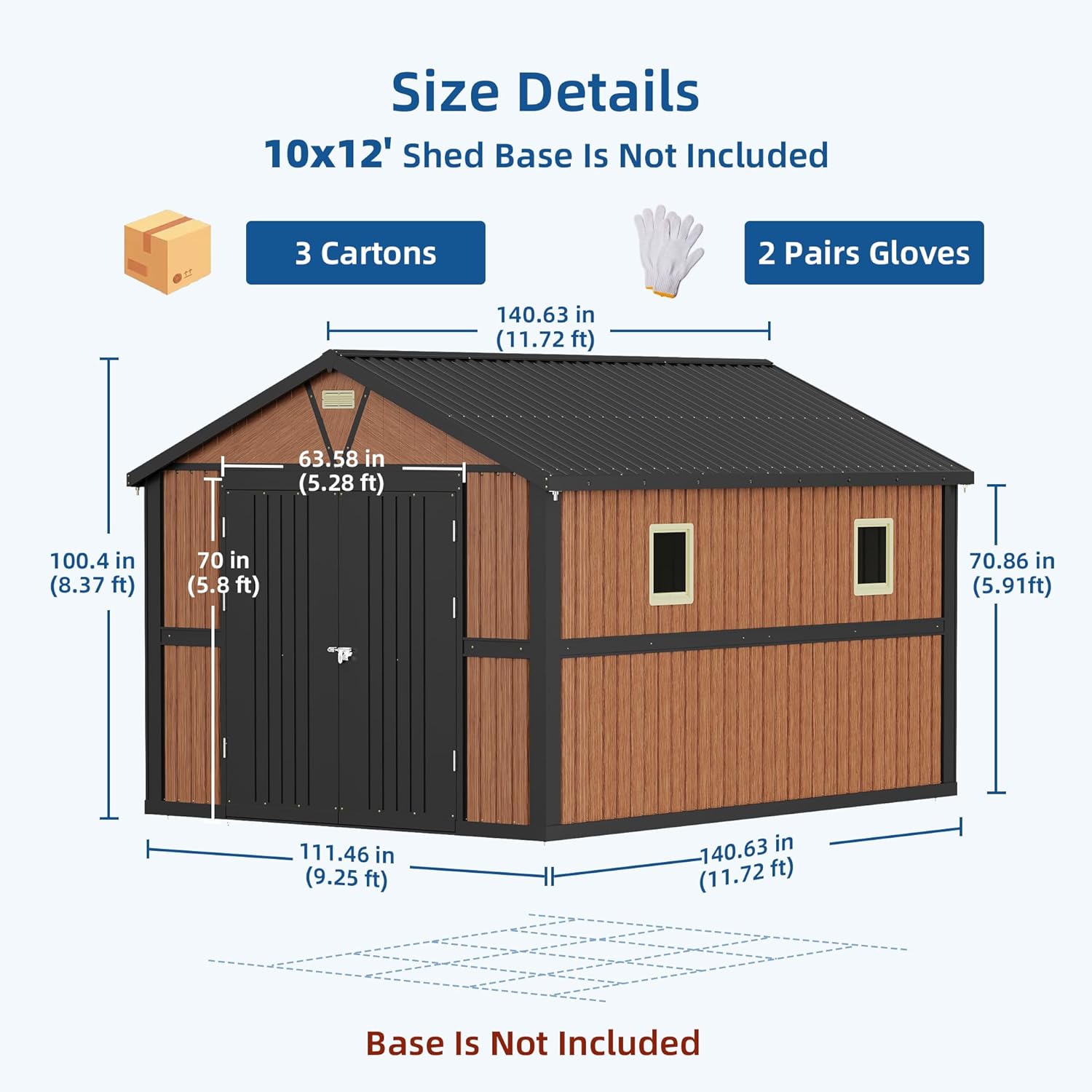 Diagram showing the dimensions of the 10x12FT shed and indicating that it ships in 3 cartons and includes 2 pairs of gloves.
