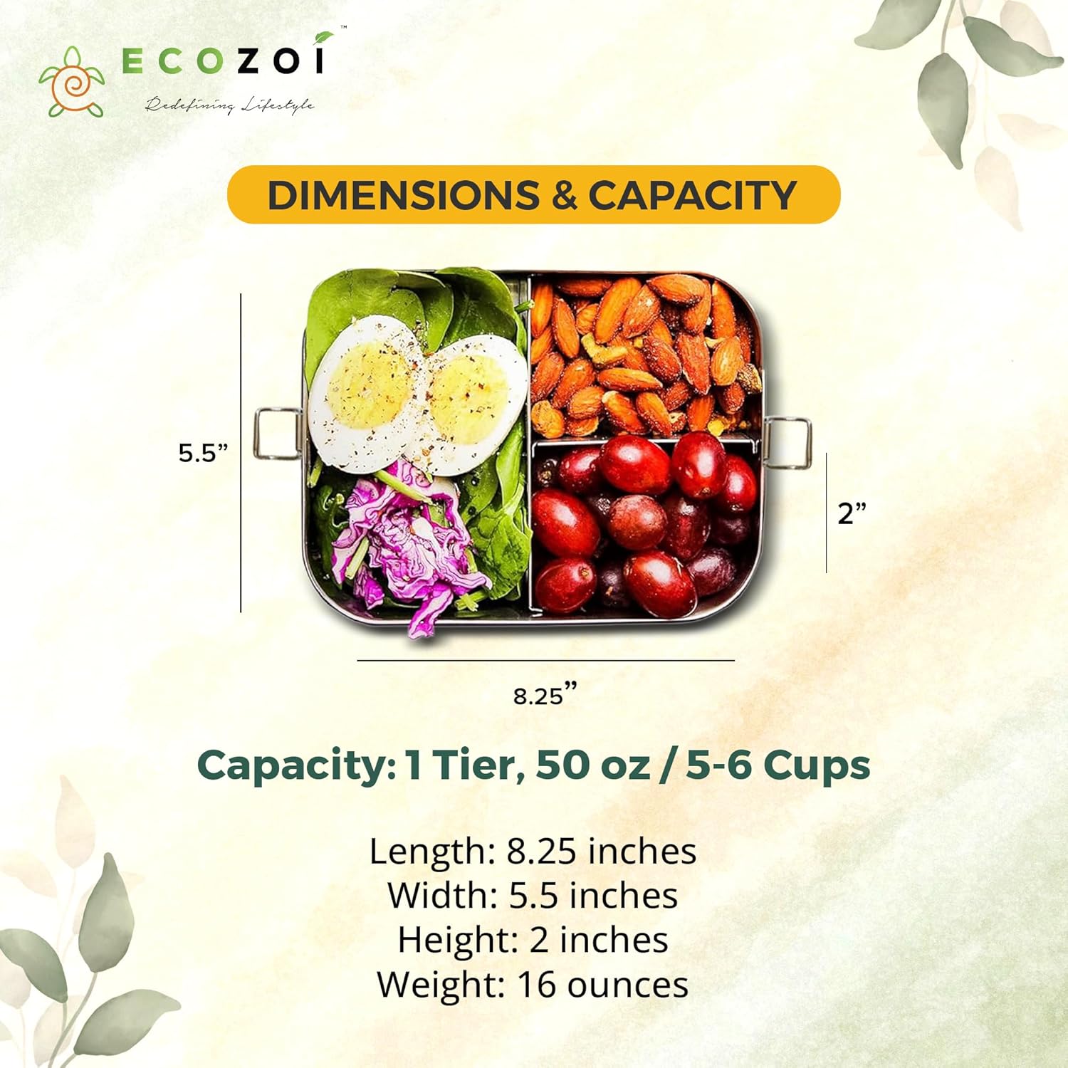 ecozoi Stainless Steel Lunch Box, Leak Proof 3 Compartment, Medium | Redesigned Silicone Seal | Sustainable Zero Waste Eco Friendly Bento Box Food Storage Container
