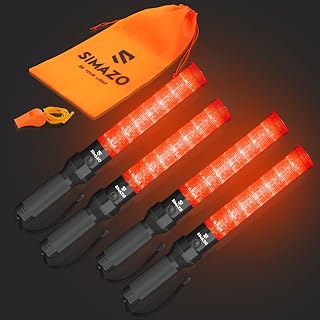SIMAZO 4 Pieces 16 Inch Signal Traffic Wand with 3 Flashing Modes & 7 Led Lights, Traffic Safety Baton with Wrist Strap for Car Directing, Parking Guides, Including 1 Storage Bag & 1 Whistle