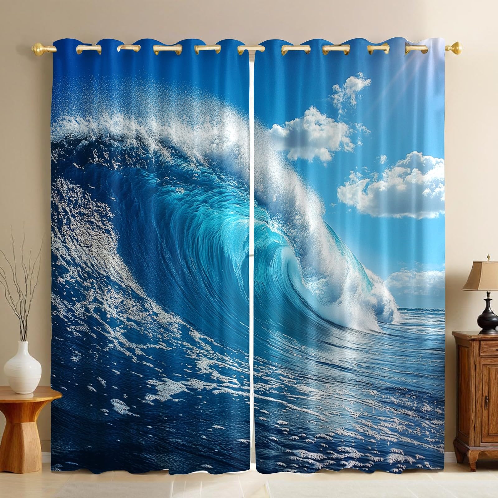 Rideaux occultants polyester imprimé opaque bleu 140x280 cm