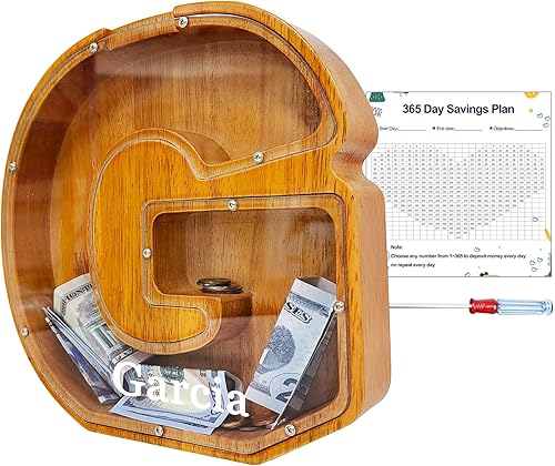 Miniatura 327 de Alcancía para niños y niñas, alcancía grande de madera personalizada con diseño recortado, bancos de monedas con letras del alfabeto, caja de ahorro