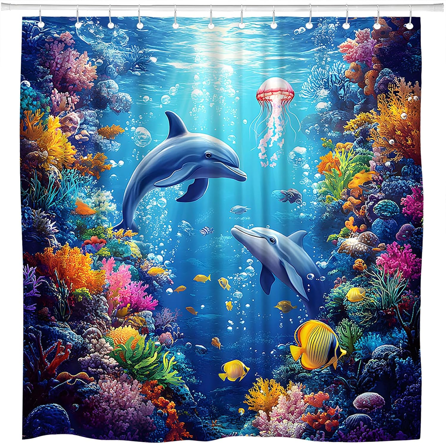Dolphin Shower Curtain Blue Ocean Tropical Fish Coral Jellyfish Underwater Animal Nautical Adventure Bathroom Polyester Curtains Set with Hooks 75x70 Inch