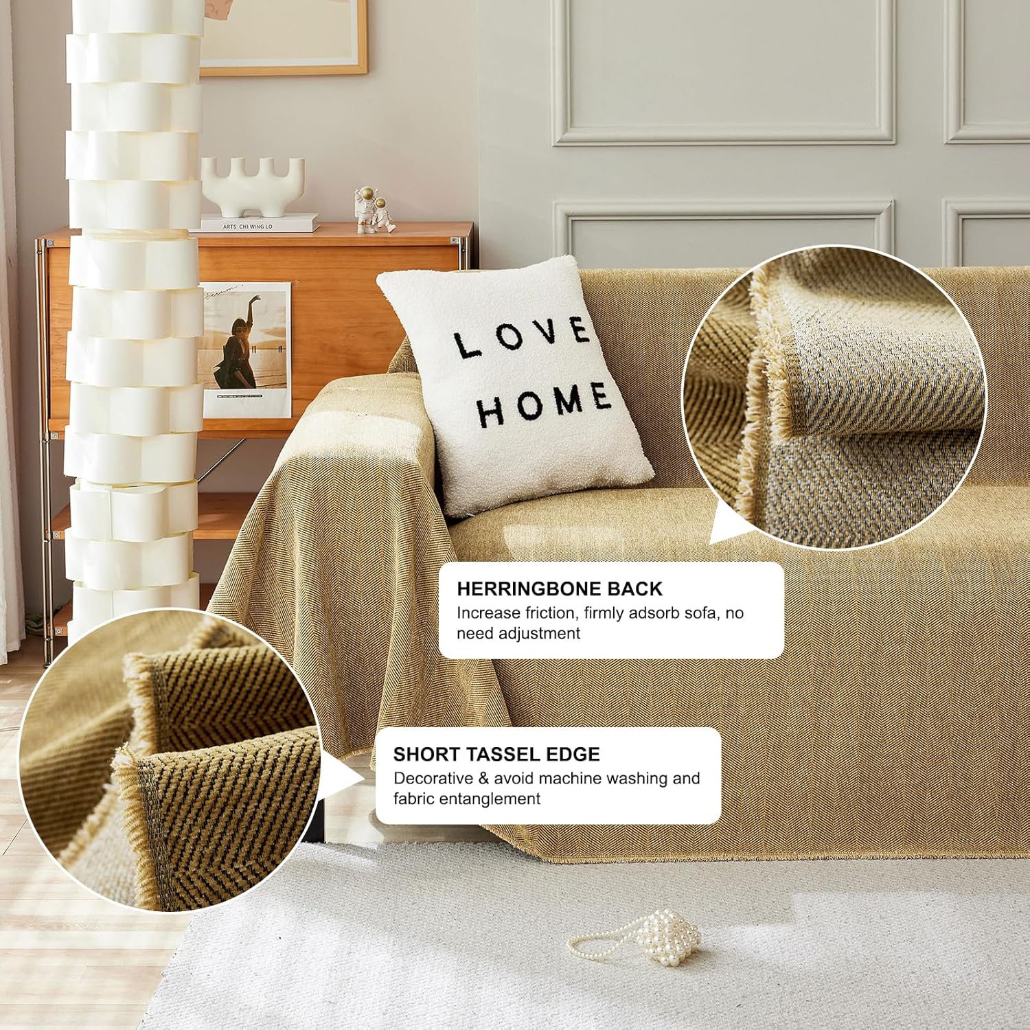 STACYPIK Durable Mustard Yellow Pets Sofa Covers, L Shaped Couch Cover for Dogs, Washable Furniture Protector for 3 Cushion Couch, Loveseat Sofa Covers for Living Room Jacquard Throw Blanket-71X150IN