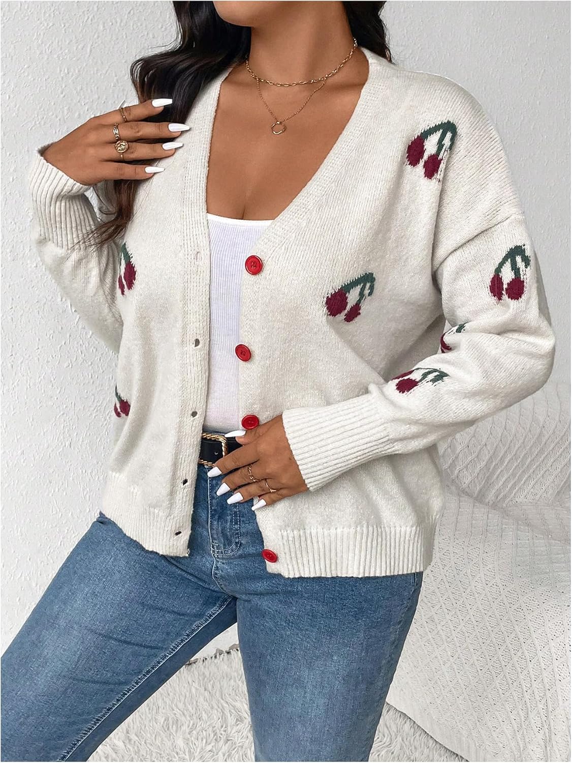 OYOANGLE Women's Plus Size Knit Cherry Print Cardigan Sweater V Neck Buttondown Long Sleeves Sweater Jacket Fall Winter Coats - Image 2